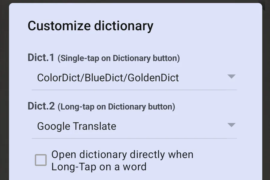 Moon+ Reader's Customize dictionary dialog, with Dict.1 set to ColorDict/BlueDict/GoldenDict and Dict.2 to Google Translate.
