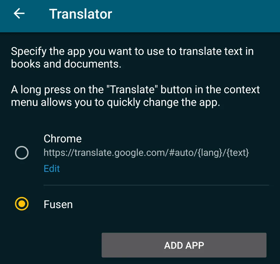 ReadEra 的 Translator（翻译器）设置，Chrome 下方的 Fusen 已选中，下面是 ADD APP 按钮。