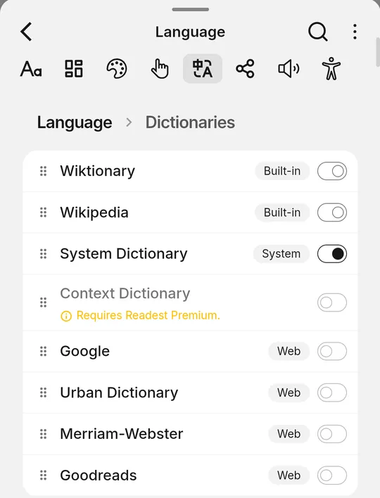Readest's Language › Dictionaries settings with System Dictionary switched on and Wiktionary and Wikipedia off.
